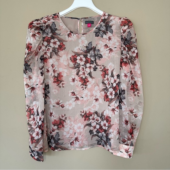 Vince Camuto Women L Top Long Sheer Puff Sleeve Blouse Floral Fairy Feminine - Picture 10 of 10